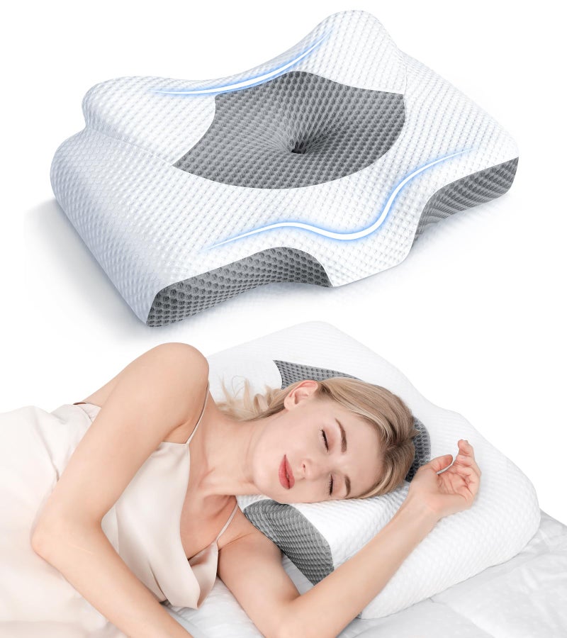 Osteo Cervical Pillow for Neck Pain Relief Hollow Design Odorless Memory Foam Pillows with Cooling Case Adjustable Orthopedic Bed Pillow for Sleeping Support for Side Back Sleepers